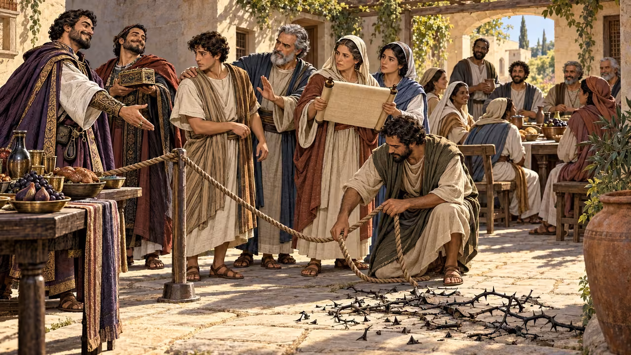 Believers remove a divisive rope barrier and flatten a dead thorn vine while turning from flattering deceivers.