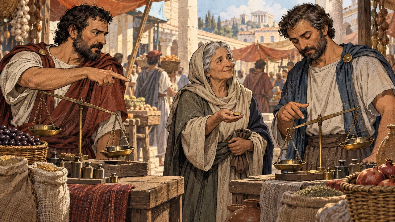 One merchant points at another’s tilted scale while an older woman returns an overpaid coin and both merchants confront their own dishonesty.