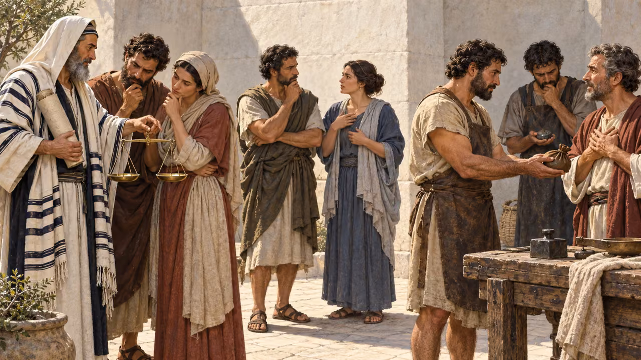 A Jewish elder holds a closed scroll near a fair balance while a Gentile artisan returns a lost pouch and another examines a concealed false weight.