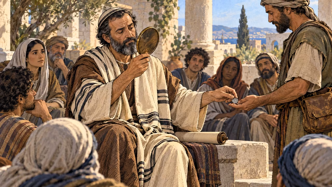A respected teacher looks into a bronze mirror while returning a disputed coin before his waiting students.
