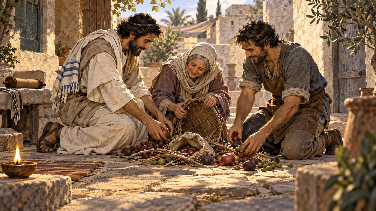 A Jewish man and Gentile artisan kneel together helping an older woman gather food from a broken basket.