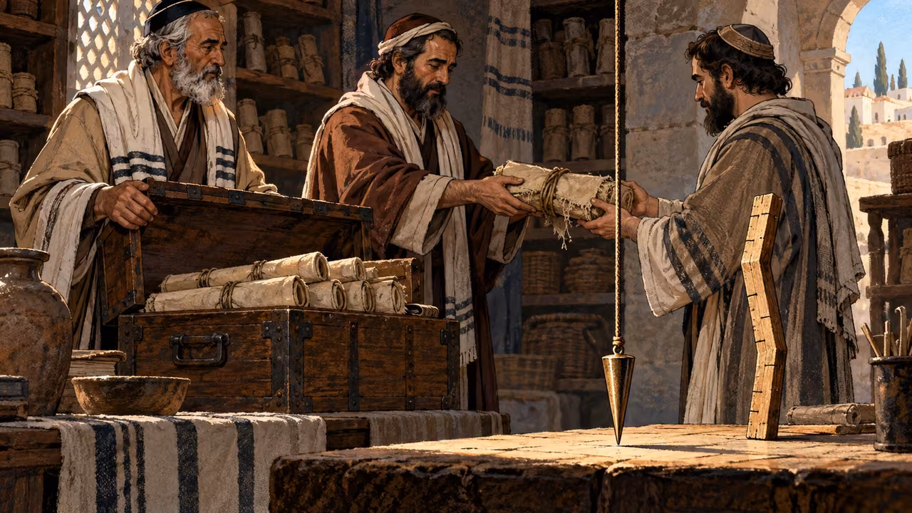 Three Jewish custodians pass carefully wrapped scrolls beside a true plumb line and crooked measure.