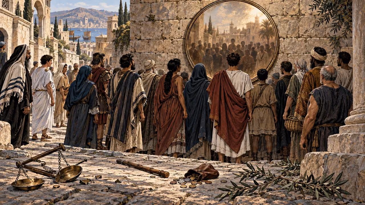 Jewish and Greek adults stop together before a wall and see their whole community reflected in one mirror.