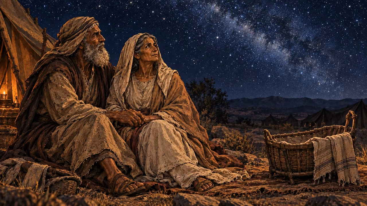 The elderly Abraham and Sarah sit hand in hand beneath countless stars beside an empty cradle.