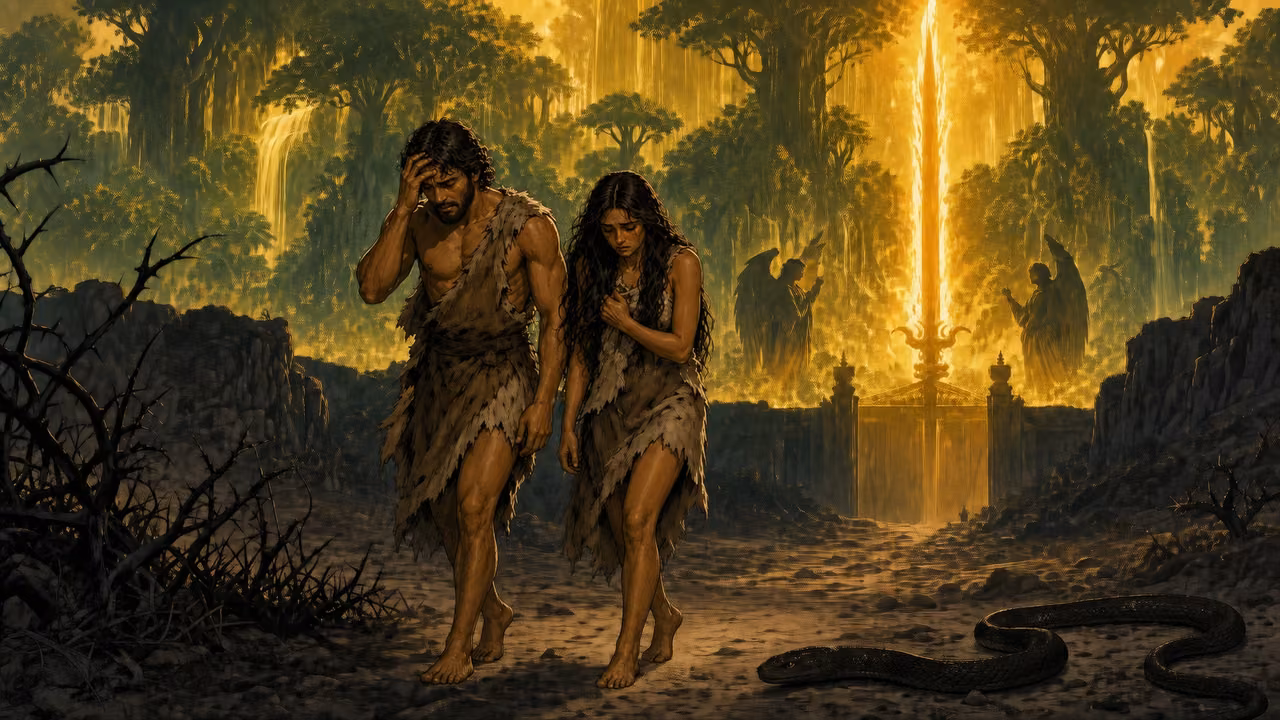 Adam and Eve leave Eden as the guarded garden recedes behind them.