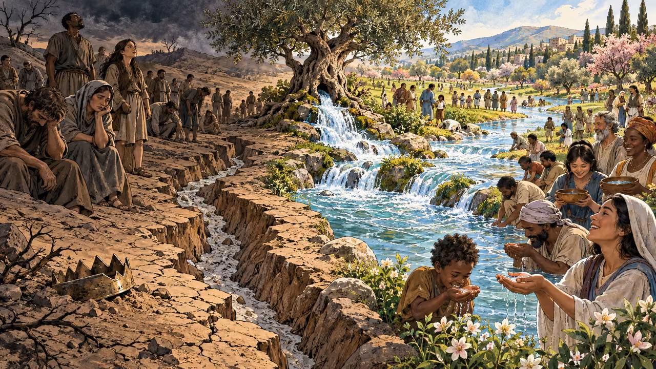 A spring from a living olive tree overflows a dry ravine and revives a diverse crowd and flowering land.