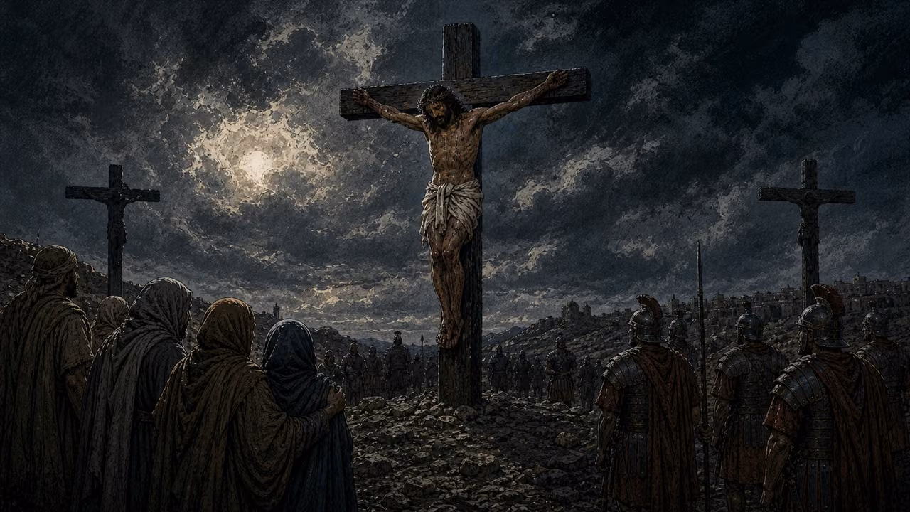 Jesus hangs on the central cross under darkness while mourners and soldiers remain at a distance.