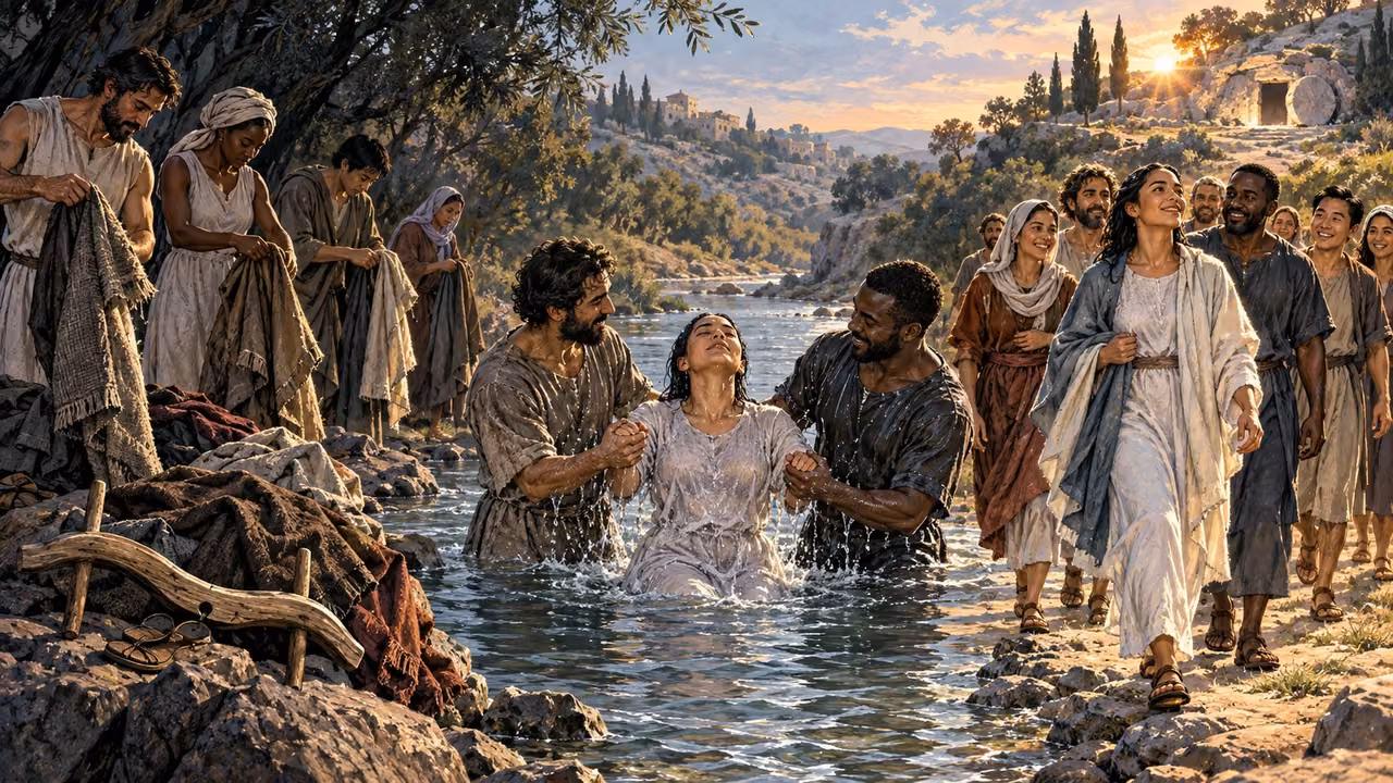 Adults move from discarded old garments through baptism into a sunlit path of new life.