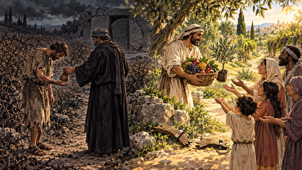 A laborer receives wages at a barren field while a gardener freely gives fruit and a living sapling beside a flourishing path.