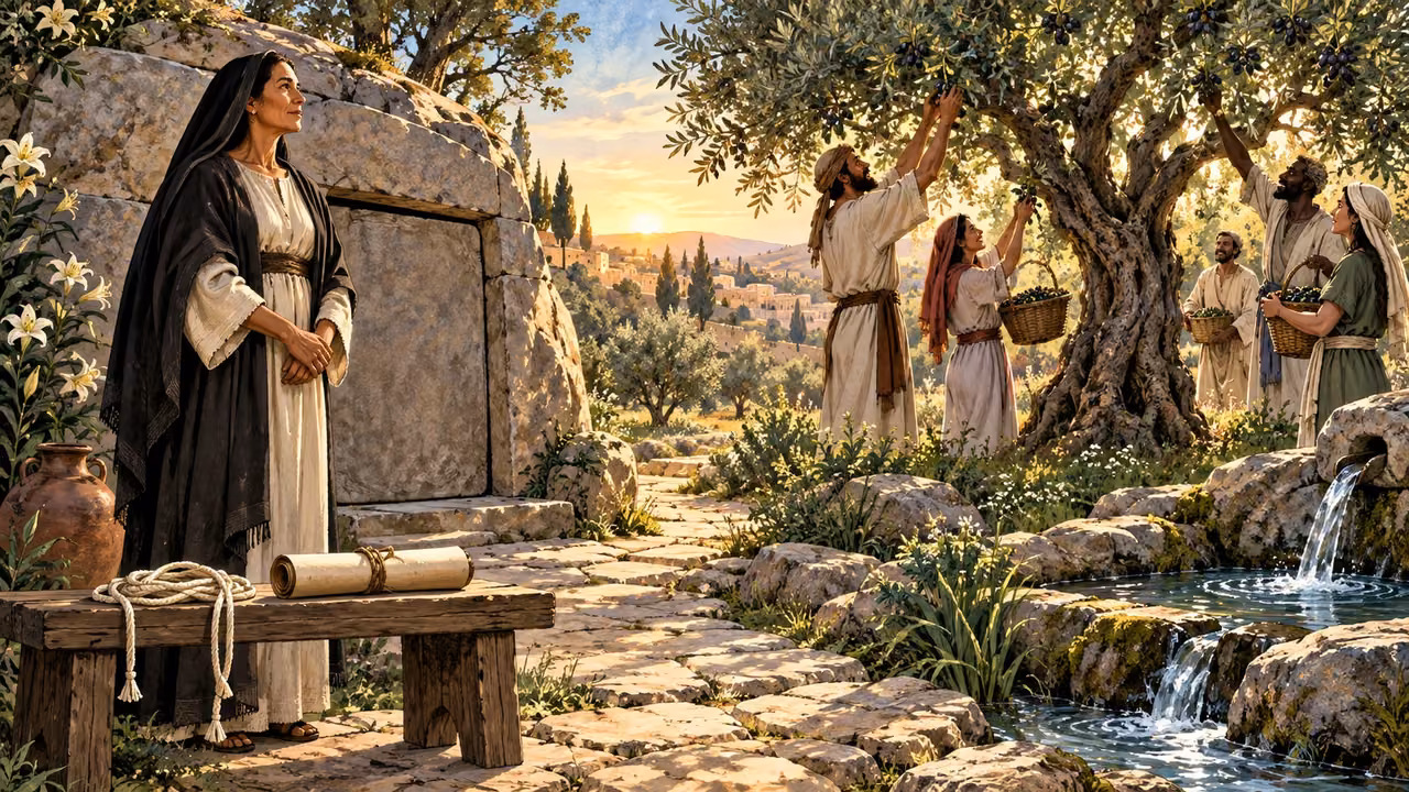 A widow stands beside a closed tomb as a path leads to people gathering fruit by a spring.