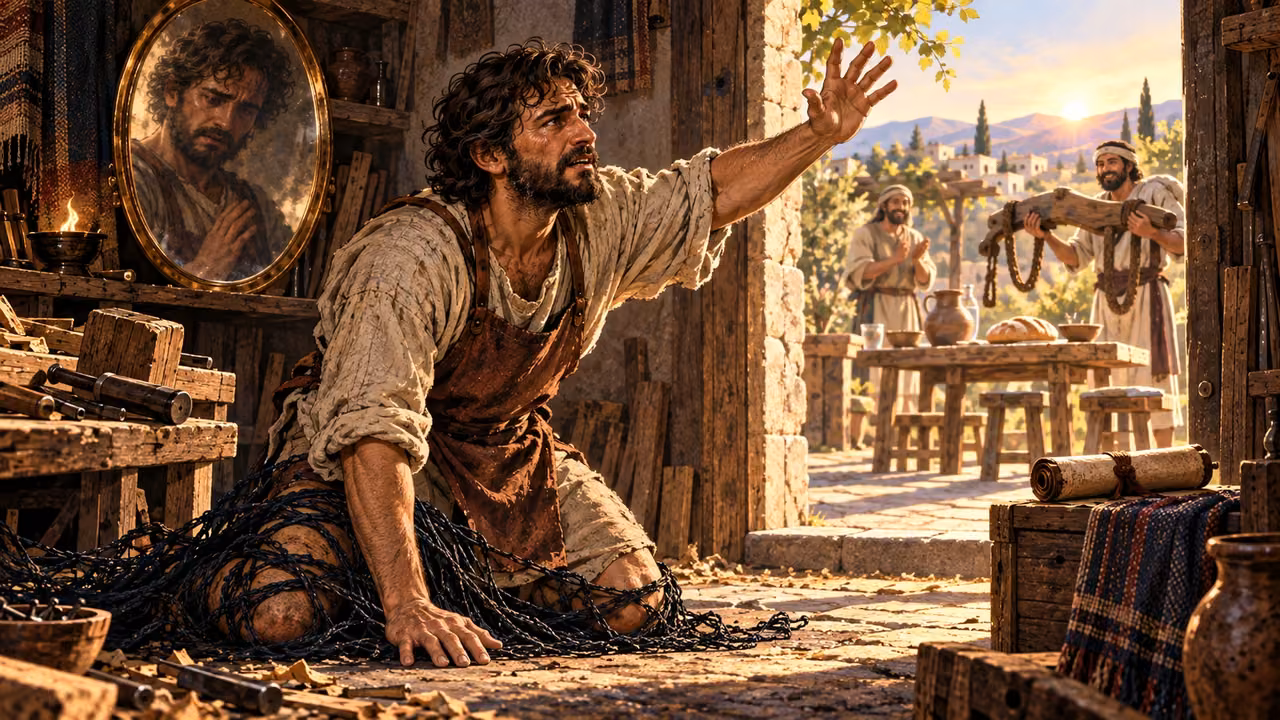 The same artisan reaches toward dawn while tangled net holds his lower legs and neighbors remove an abandoned yoke outside.