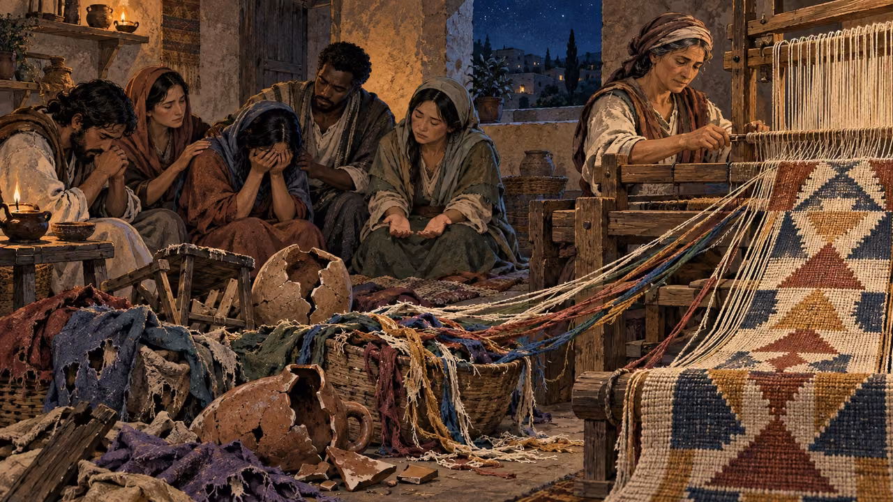 Believers pray without words while a weaver draws torn threads into one unfinished mantle.