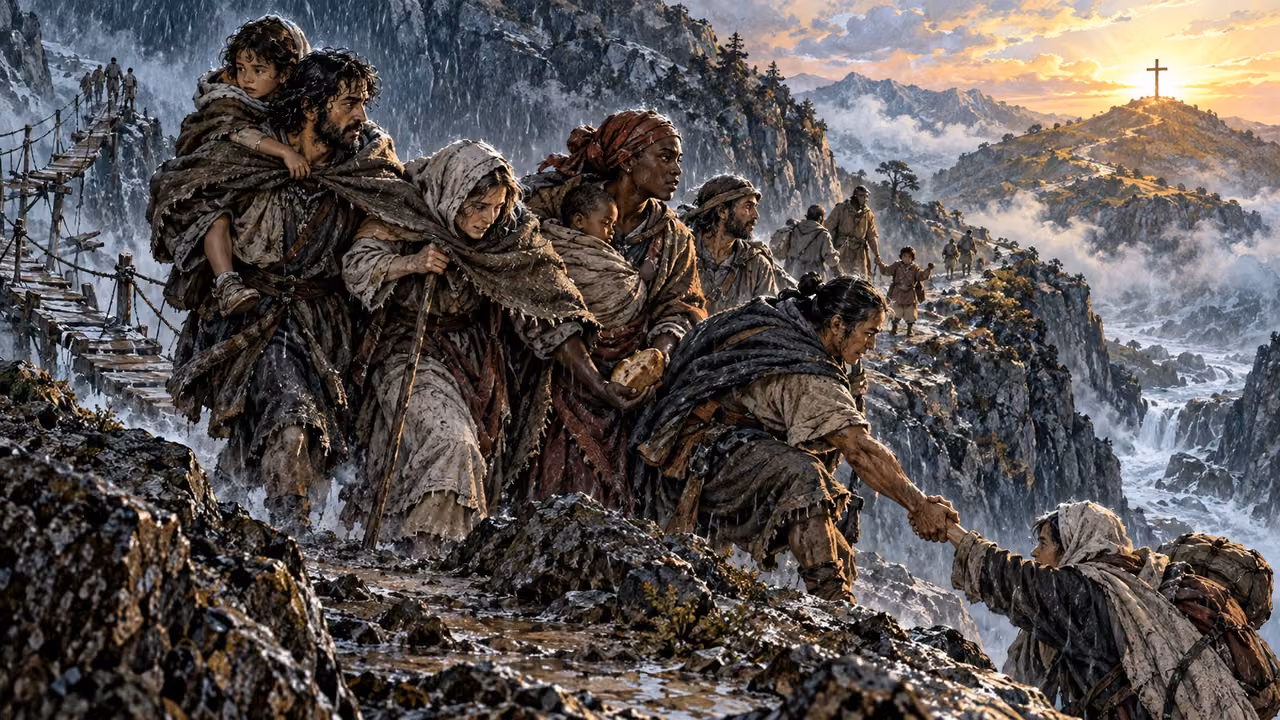 Families cross a stormy mountain pass by practical care toward dawn and a distant cross.