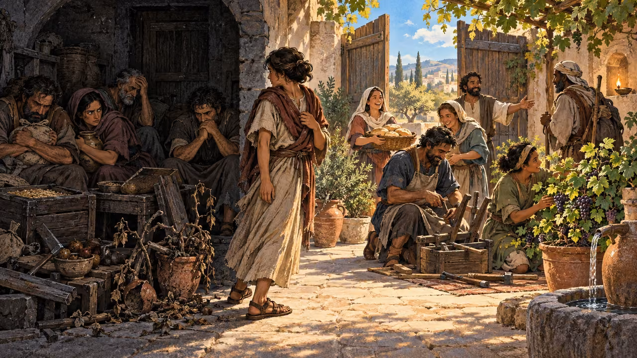 An anxious closed household turns toward an open community sharing bread, repair, welcome, and a living vine.