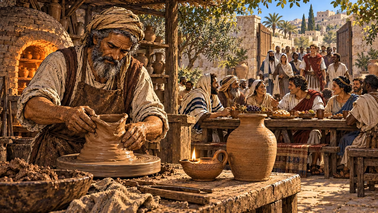 A potter patiently reshapes clay while complete vessels stand before Jews and Gentiles gathering at one table.