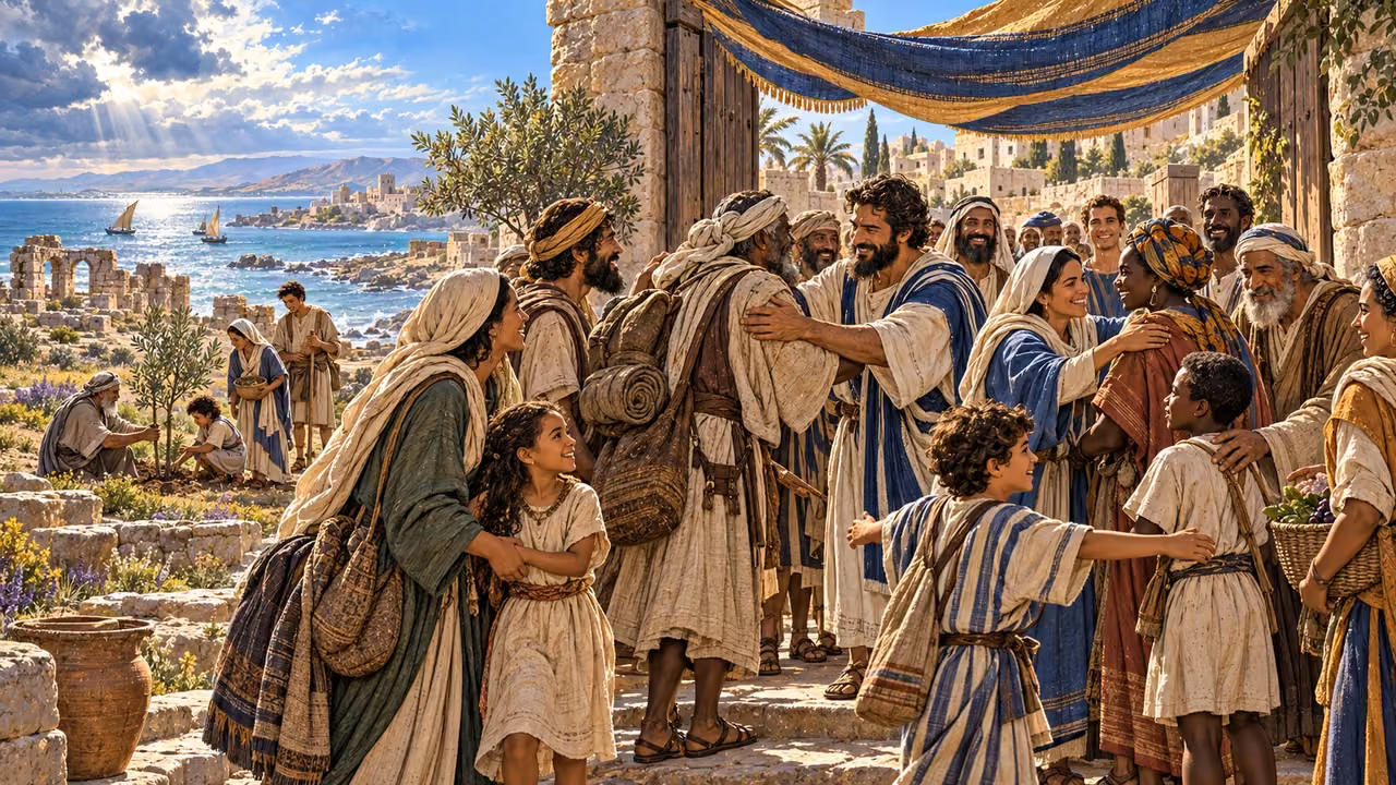 Families are welcomed beneath one canopy while a small remnant tends an olive sapling beside the sea.