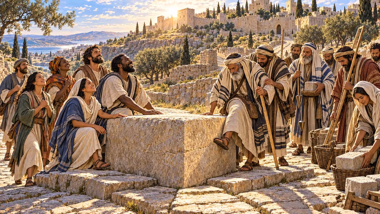 Two roads meet at a great cornerstone as empty-handed travelers rest and burdened builders pause after a companion steadies one who stumbled.