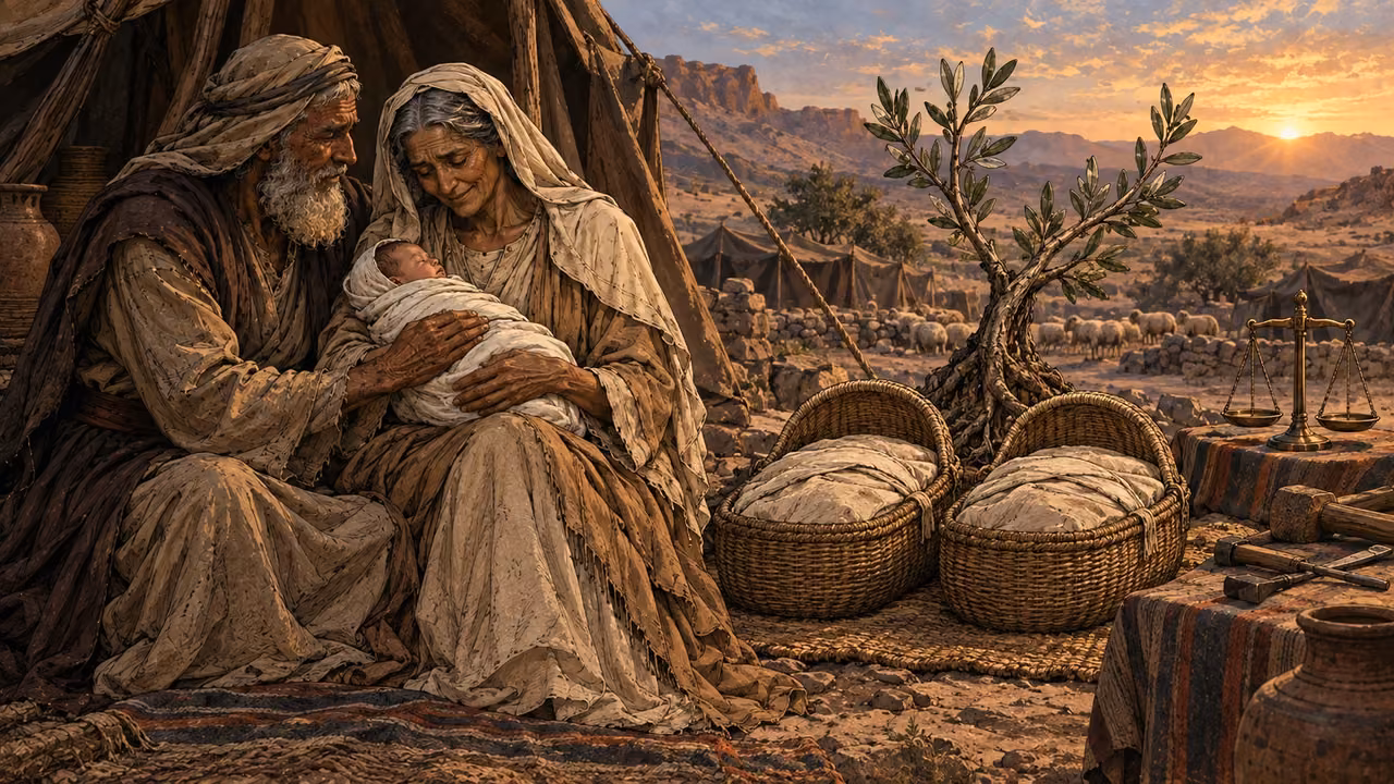 Elderly Abraham and Sarah cradle the promised infant beside two equal bassinets, one olive root, a closed scale, and untouched tools.