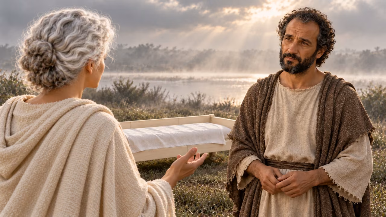 Standing Hermas faces the young, white-haired Church woman in a close reverse dialogue view.