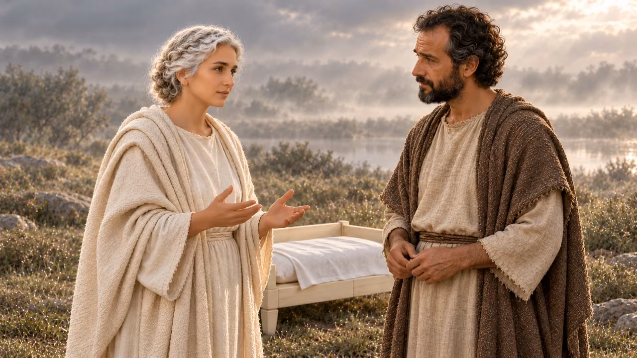 The standing woman counsels attentive Hermas beside the empty couch.
