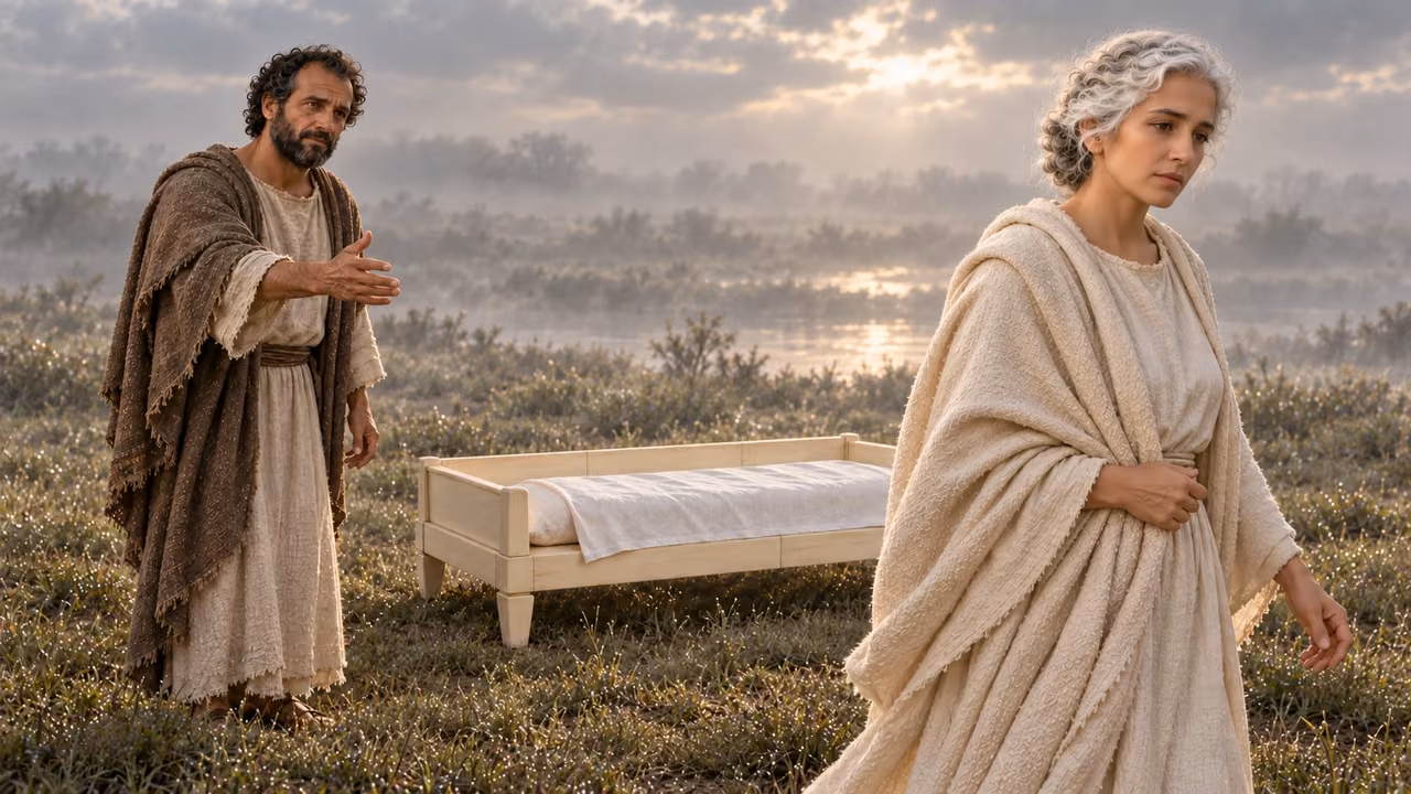 The woman turns to leave while Hermas reaches an open hand toward her.