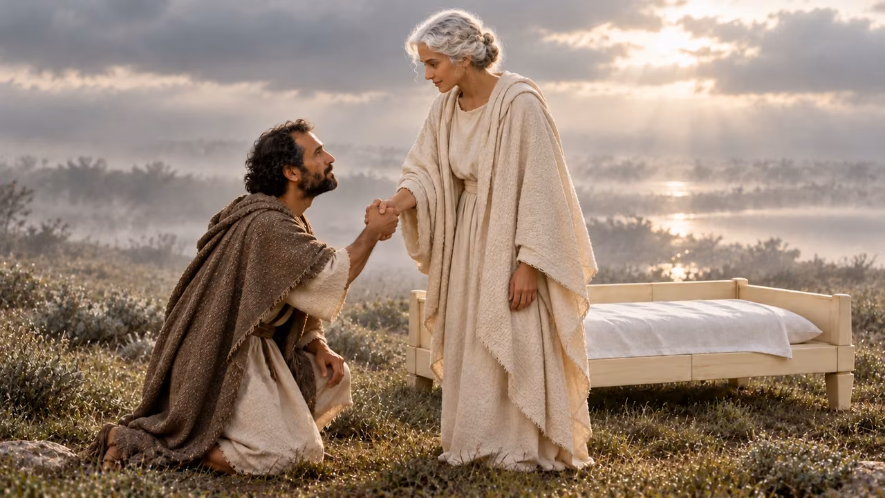 The standing woman takes Hermas by the hand while he remains below her.