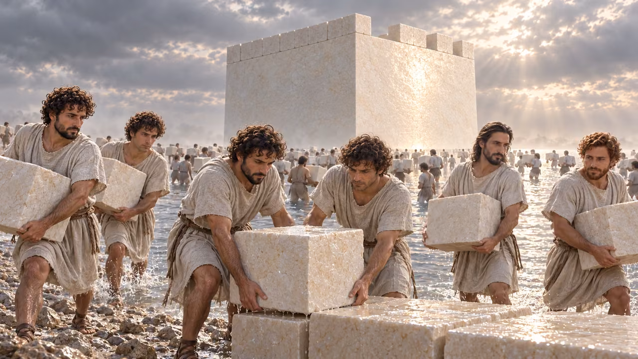 Six distinct principal young men handle shining stones as a great crowd of anonymous porters approaches.