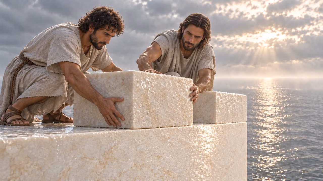Two familiar builders set a wet square stone unchanged at the tower’s working edge.
