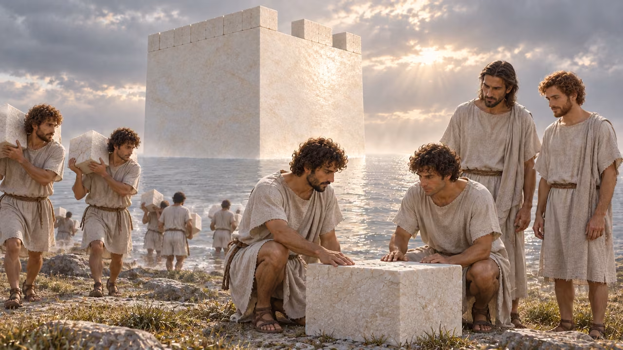 Two builders inspect a stone left aside on dry ground, with their companions nearby.