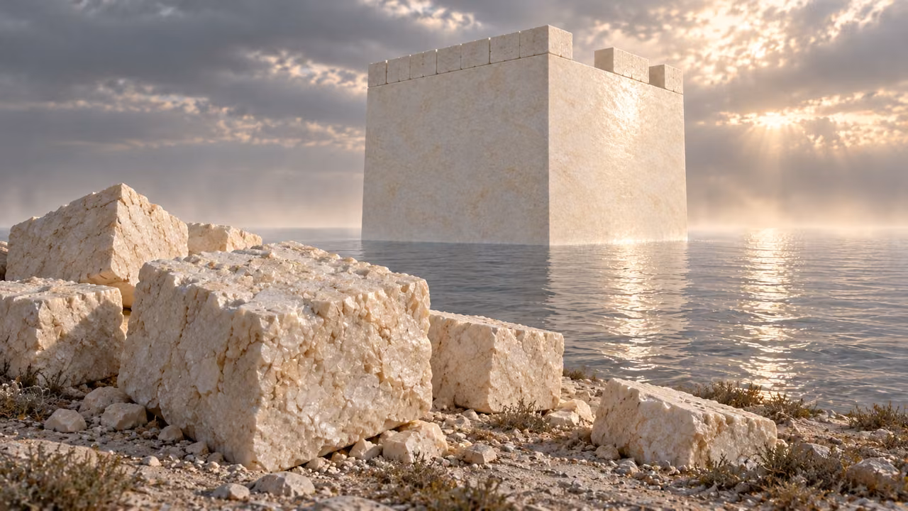 Unused rough crusted stones lie near the tower.