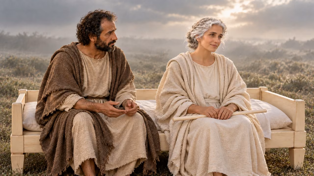 Hermas sits beside the young, white-haired Church woman as she turns her gaze outward.