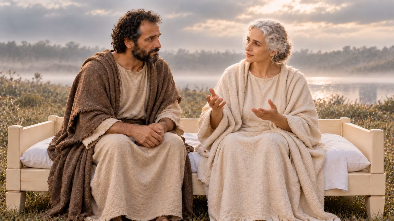 The seated woman speaks to attentive Hermas on their shared ivory couch.