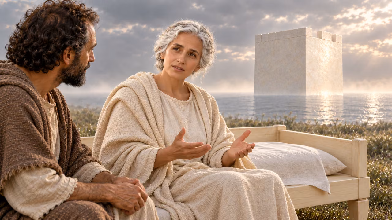 Seated Church explains to Hermas, with the square tower upon water behind them.