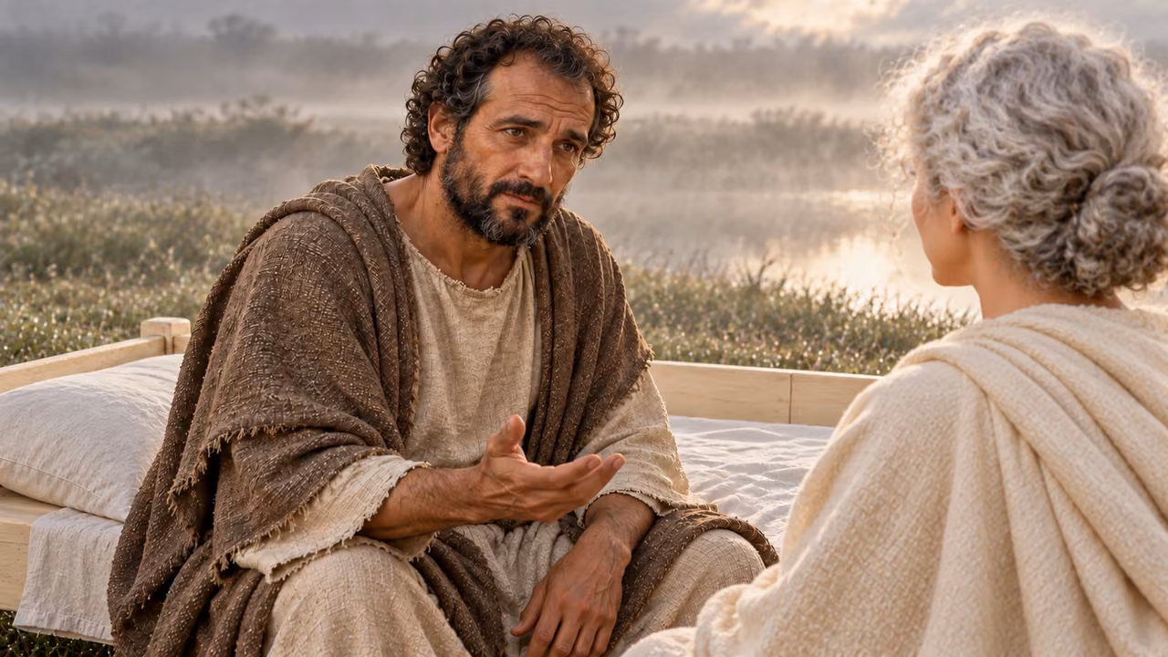 Seated Hermas asks the woman to reveal what can be revealed.
