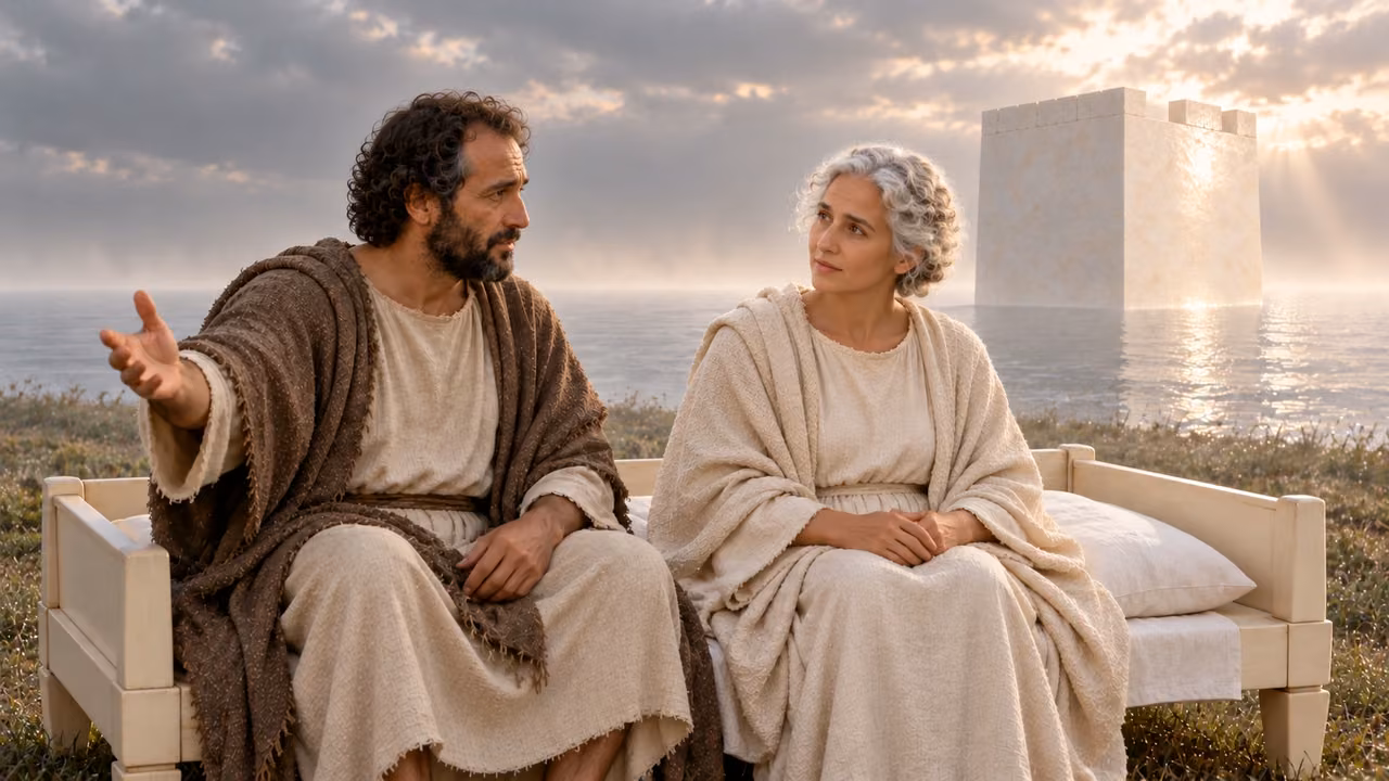 Seated Hermas gestures toward the water as the woman listens.