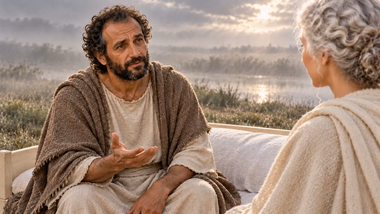 Seated Hermas asks the young, white-haired woman about the six builders.
