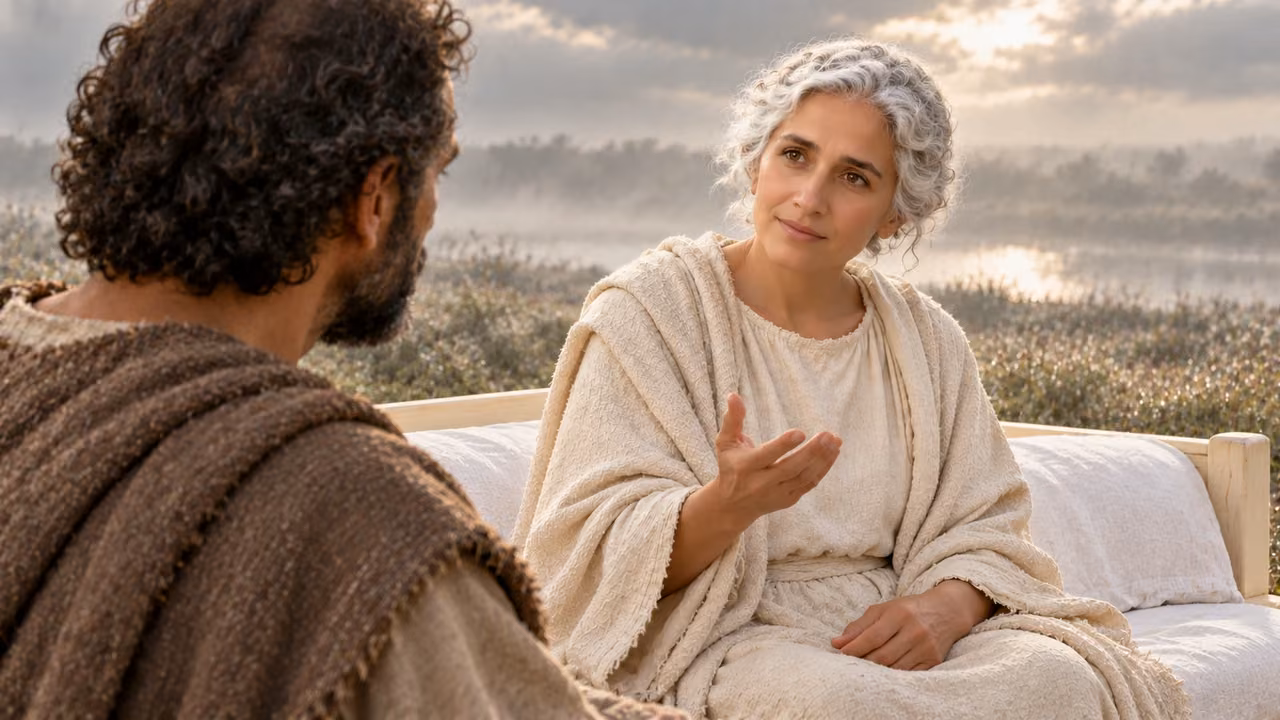 The young, white-haired woman answers over Hermas’s foreground shoulder.