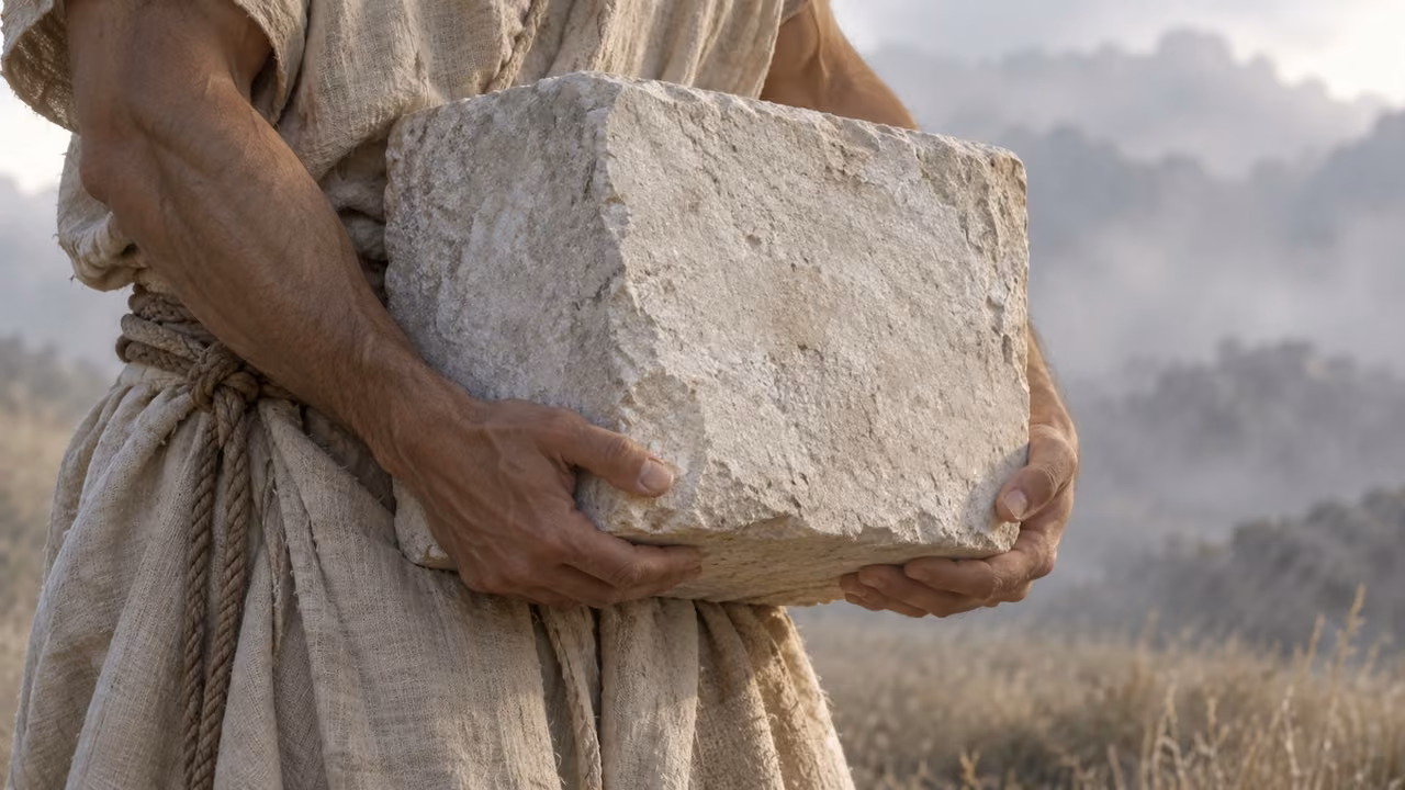 A cropped anonymous porter supports a square pale stone with both hands.