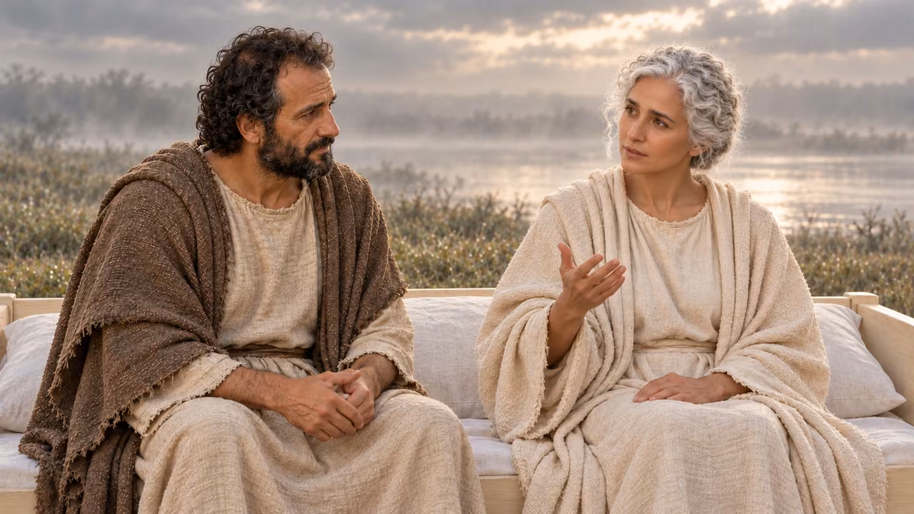 Hermas listens as the seated woman speaks on their shared ivory couch.