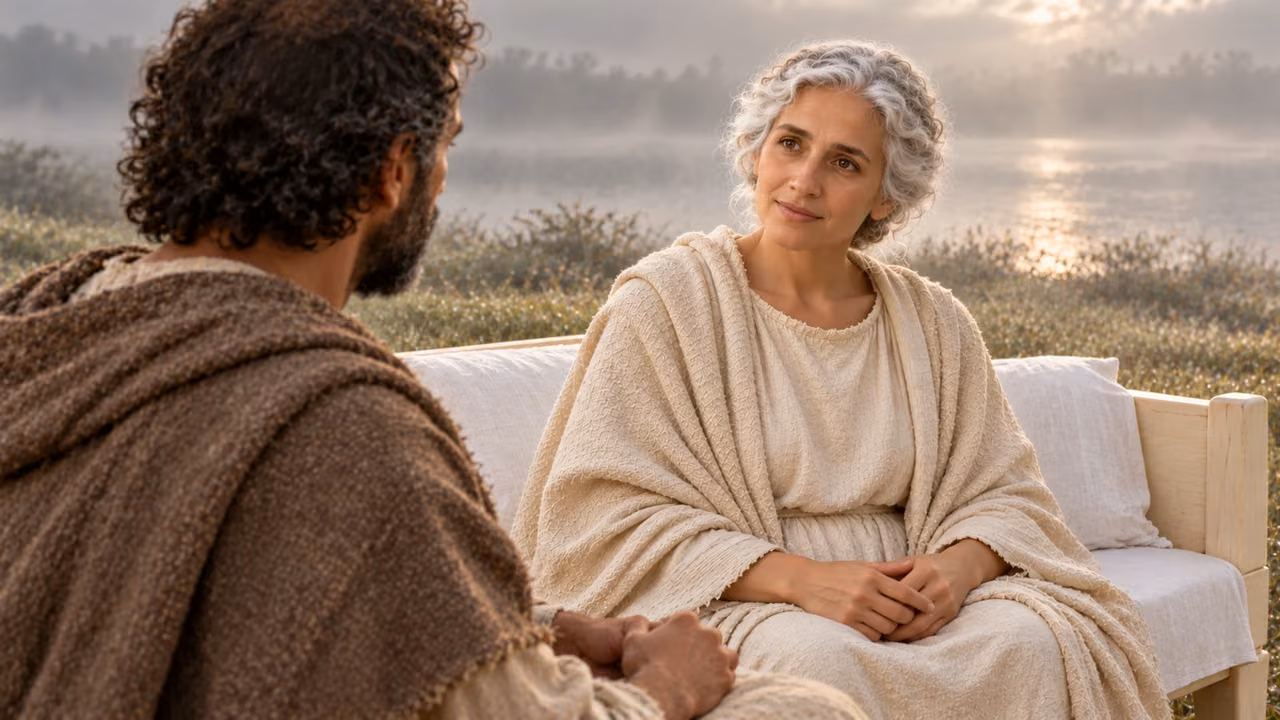 The seated woman counsels Hermas calmly with her hands resting in her lap.