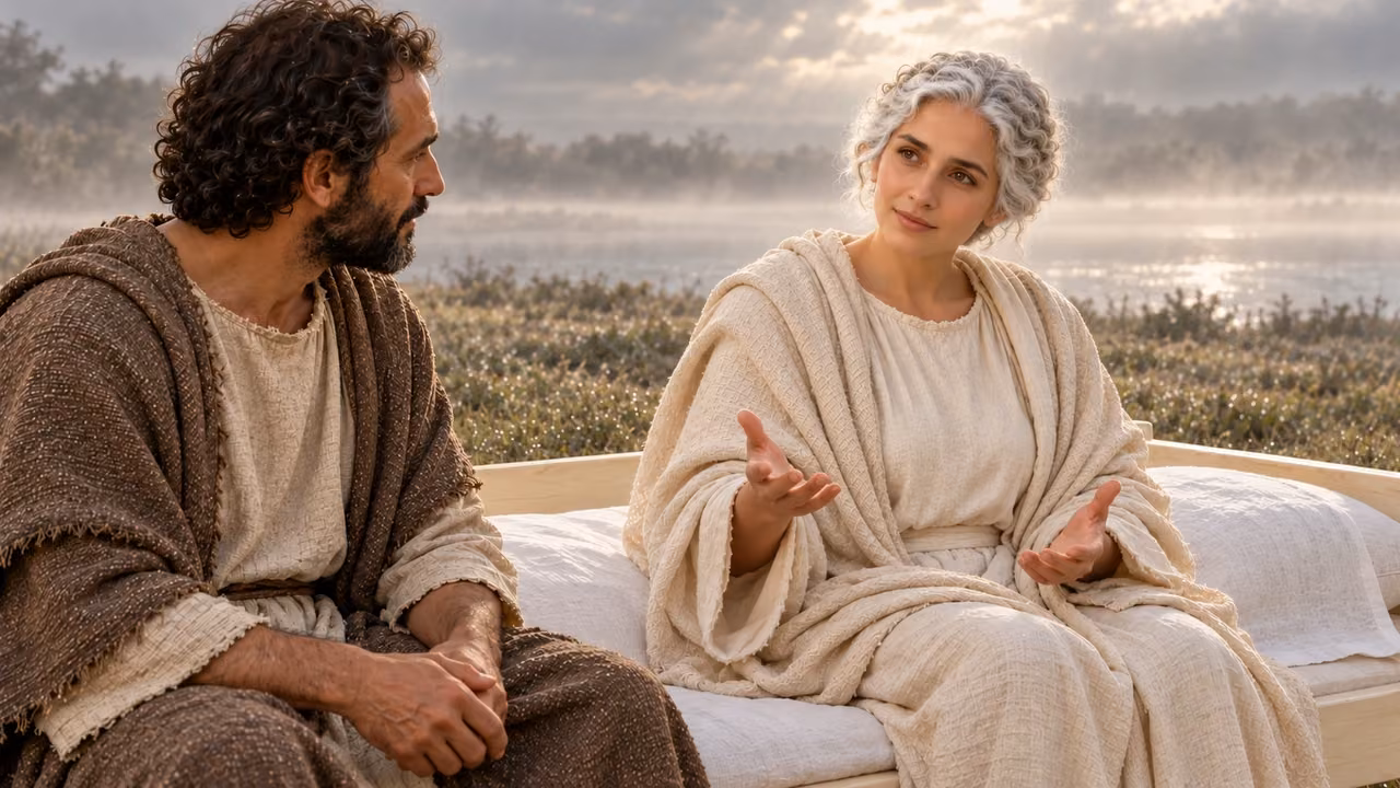 Seated Church explains the stones to attentive Hermas on their shared ivory couch.