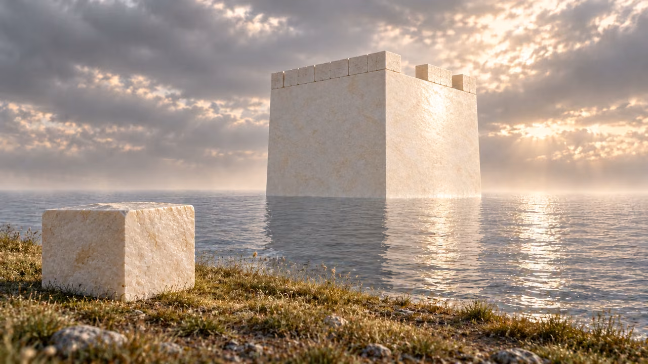 One square dry pale stone rests on grass beside the water and unfinished tower.