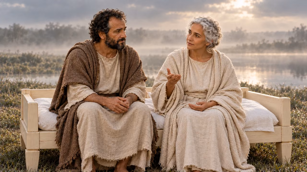 Hermas listens while the seated woman counsels him on their shared couch.