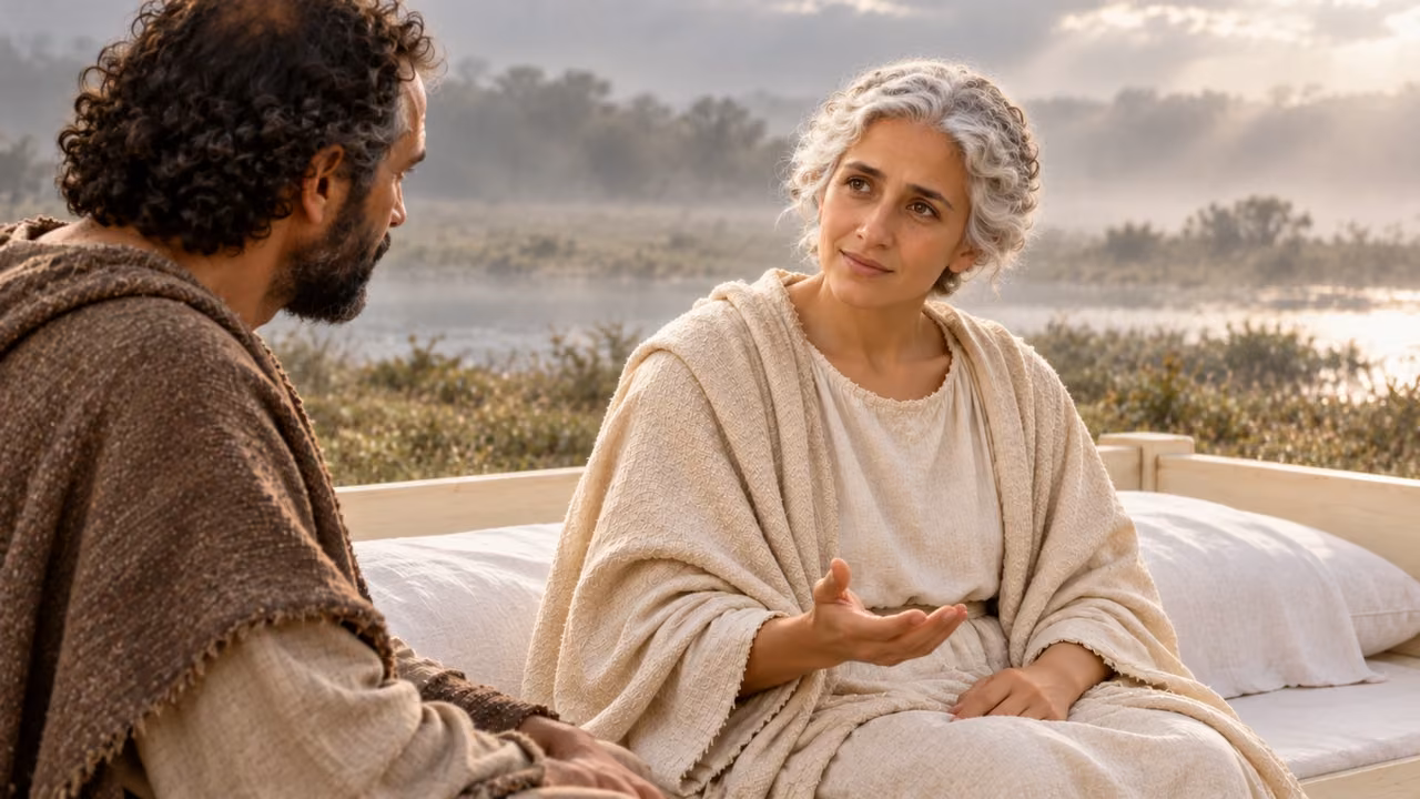 Seated Church explains the rejected stones to Hermas with a restrained open palm.