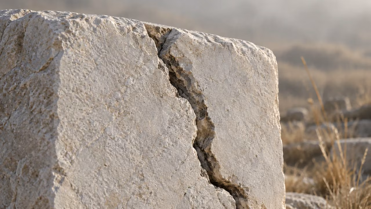 One deep structural fissure cuts through a pale stone in close detail.