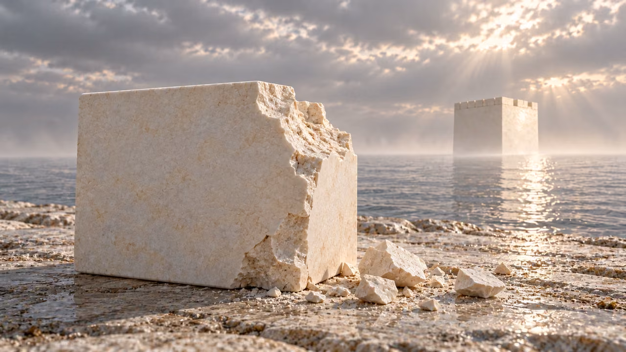 A squared pale block has a large missing corner and broken edges beside loose fragments.