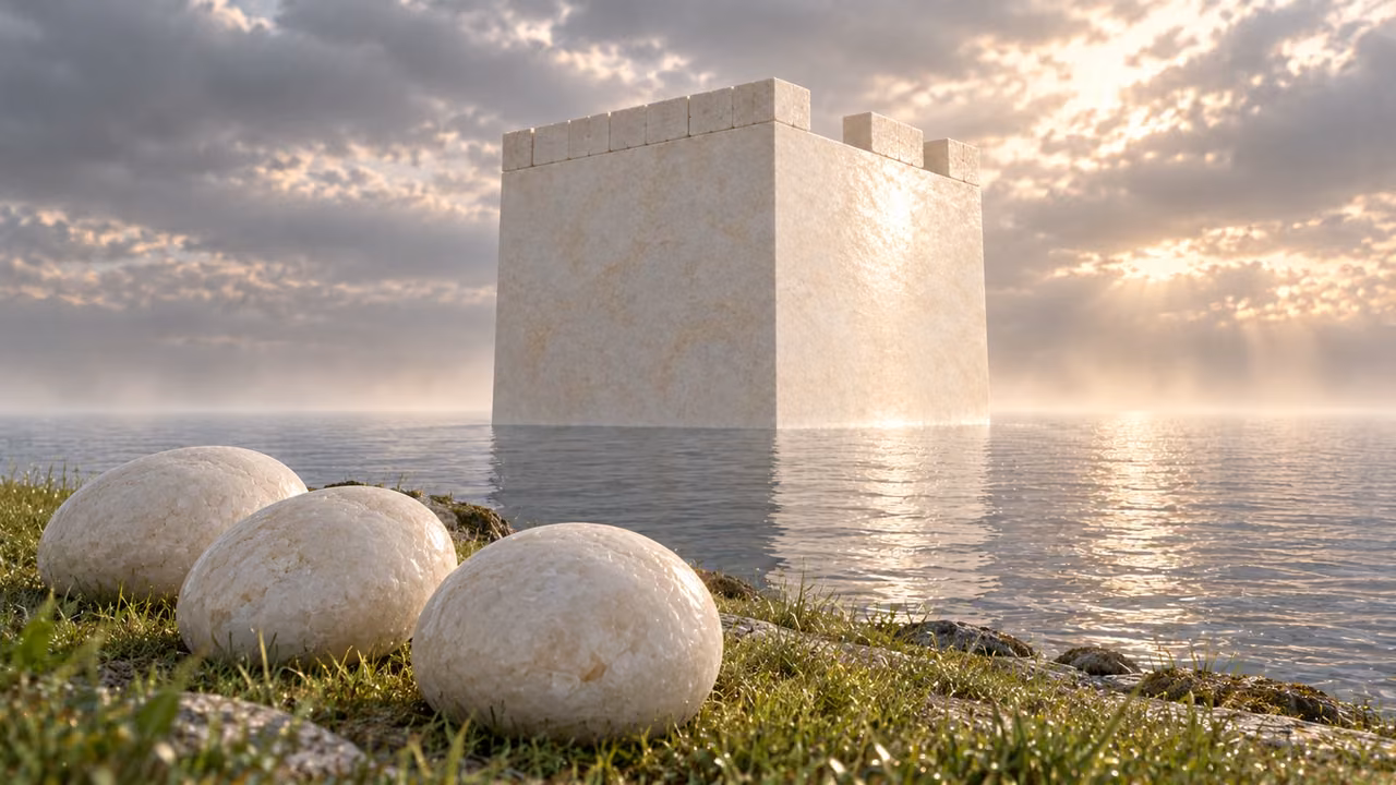 Three white rounded stones lie unused beside the water and square tower.