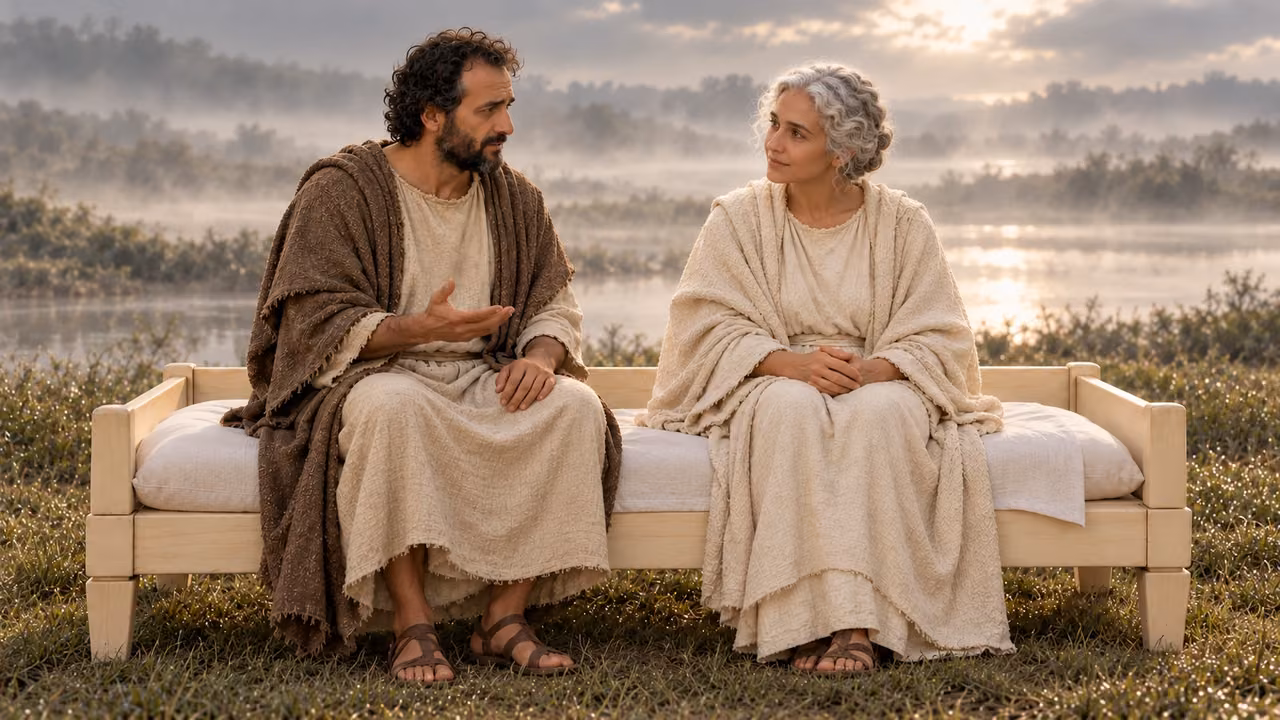 Seated Hermas asks the woman a question on their shared ivory couch.