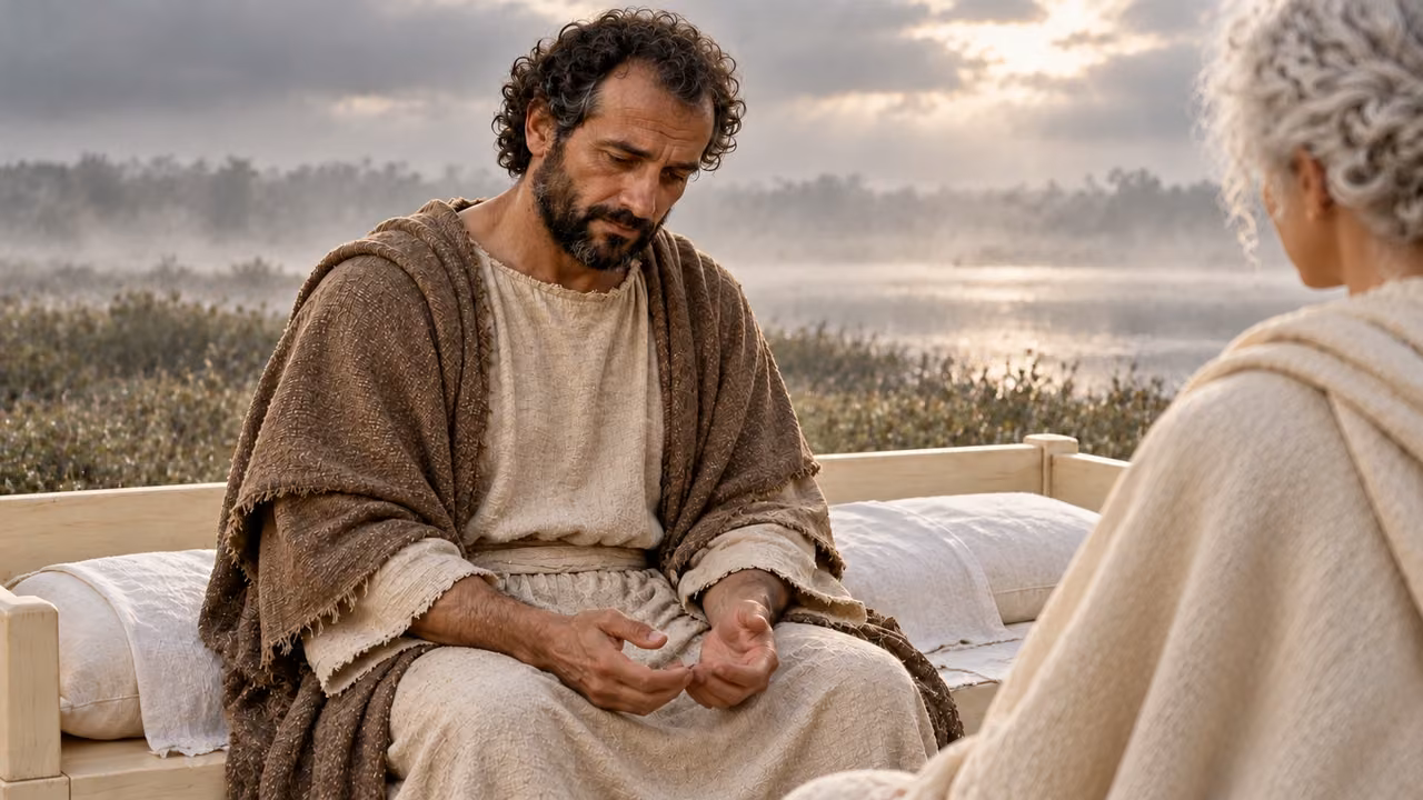 Hermas reflects while looking down toward his empty hands.
