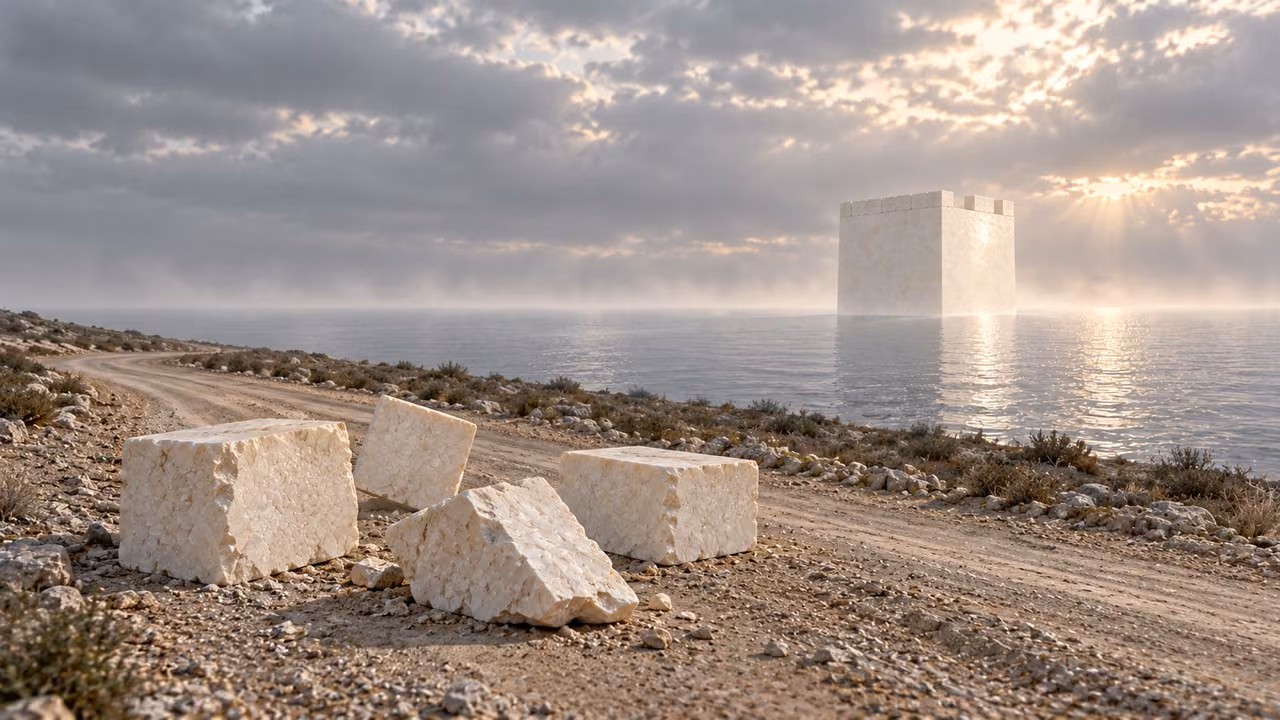 Rejected pale stones rest on an empty dirt road far from the tower across water.